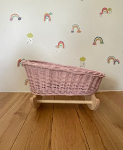 Luxury light pink doll’s cradle, wicker crib with bedding included, dolls wicker rocker, dolls cradle, doll mosses basket, bedding included