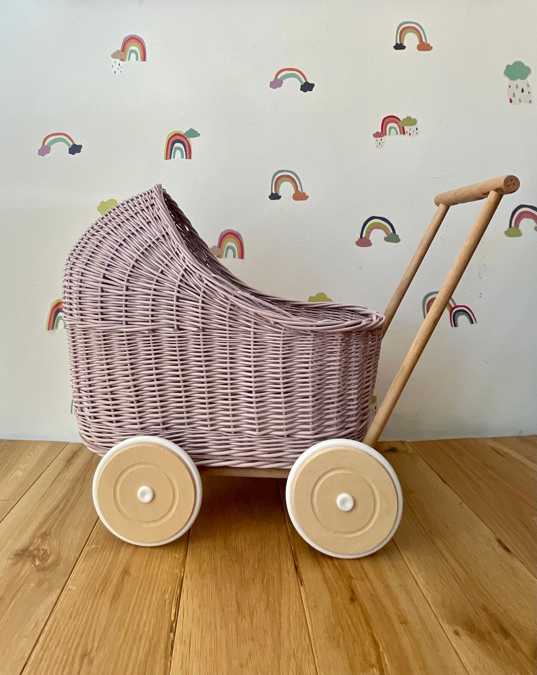 Personalised Pale Pink Wicker Doll’s Pram, wicker stroller, baby dolls pram, baby pram, dolls pram, wooden toy, wicker pram