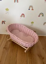 Load image into Gallery viewer, Luxury light pink doll’s cradle, wicker crib with bedding included, dolls wicker rocker, dolls cradle, doll mosses basket, bedding included
