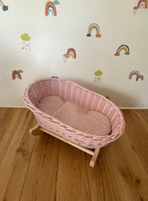 Load image into Gallery viewer, Luxury light pink doll’s cradle, wicker crib with bedding included, dolls wicker rocker, dolls cradle, doll mosses basket, bedding included
