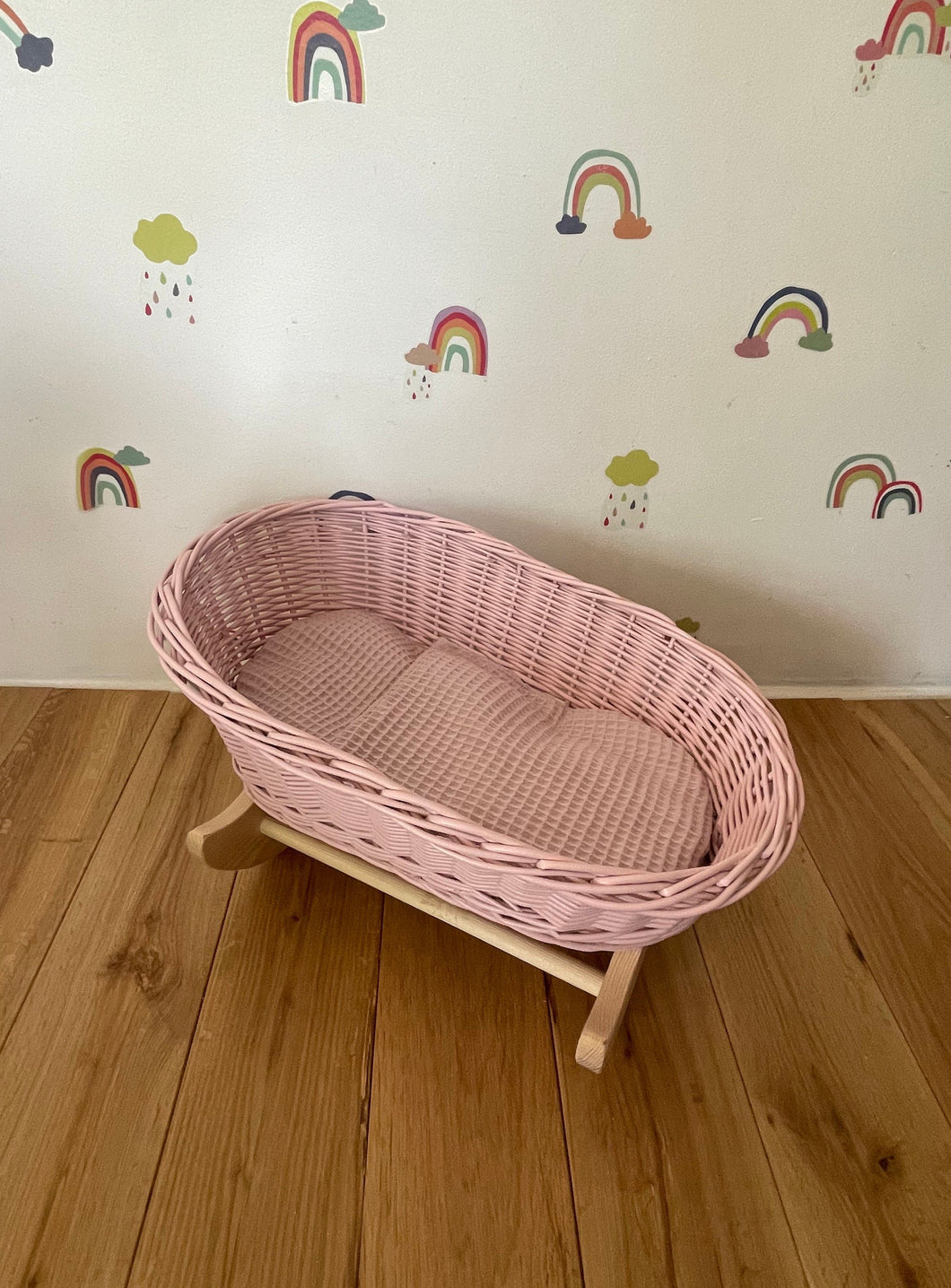 Luxury light pink doll’s cradle, wicker crib with bedding included, dolls wicker rocker, dolls cradle, doll mosses basket, bedding included