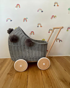 Wicker pram with pompoms & bedding included, doll pram, doll pram UK, baby doll pram, pram toy, wooden pram, wicker dolls pram, Grey