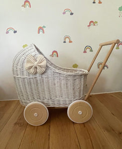 Luxury set of wicker doll stroller and wicker crib with bowon the pram , bedding and name tag included