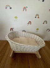 Load image into Gallery viewer, Luxury set of wicker doll stroller and wicker crib with bowon the pram , bedding and name tag included
