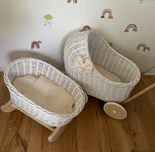 Load image into Gallery viewer, Luxury set of wicker doll stroller and wicker crib with bowon the pram , bedding and name tag included
