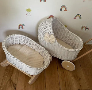 Luxury set of wicker doll stroller and wicker crib with bowon the pram , bedding and name tag included