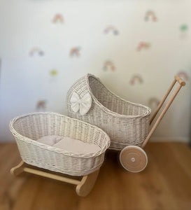 Luxury set of wicker doll stroller and wicker crib with bowon the pram , bedding and name tag included