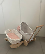 Load image into Gallery viewer, Luxury Personalised Wicker Doll Stroller And Crib Set With Bow, Bedding And Name Tag Included
