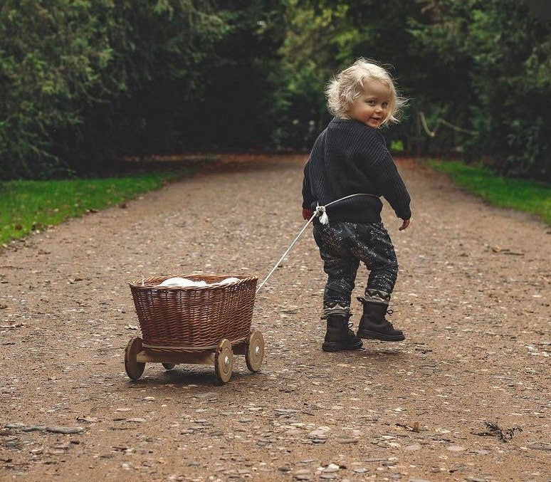 NATURAL wicker pull-along wagon toy, wagon toy with robe,