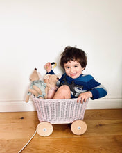 Load image into Gallery viewer, BLUE wicker pull-along wagon toy, trolley on wheels, wagon on wheels, wicker cart
