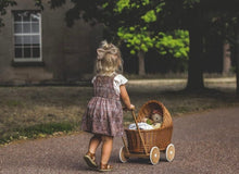 Load image into Gallery viewer, WICKER PRAM with lace trim, Doll pram, wicker doll pram with bedding included, pram toy | wooden pram, baby pram, 1st bday gift, natural
