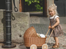 Load image into Gallery viewer, Personalised wicker dolls pram, doll pram, wicker dolls pram with bedding included, wooden pram, baby pram, wicker dolls pram, NATURAL
