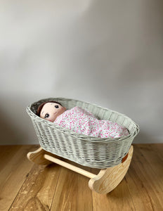 Set of wicker doll stroller and wicker crib in light grey, dolls pram set, doll pram and cot, name tag and bedding included