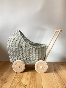Set of wicker doll stroller and wicker crib in light grey, dolls pram set, doll pram and cot, name tag and bedding included