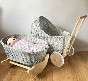Set of wicker doll stroller and wicker crib in light grey, dolls pram set, doll pram and cot, name tag and bedding included