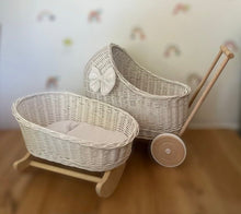 Load image into Gallery viewer, Luxury set of wicker doll stroller and wicker crib with bow, bedding and name tag included.
