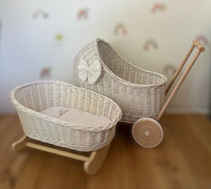 Luxury set of wicker doll stroller and wicker crib with bow, bedding and name tag included.