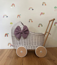Load image into Gallery viewer, LUXURY wicker pram with bow and bedding included, doll pram, wicker pram, baby doll pram, wooden pram
