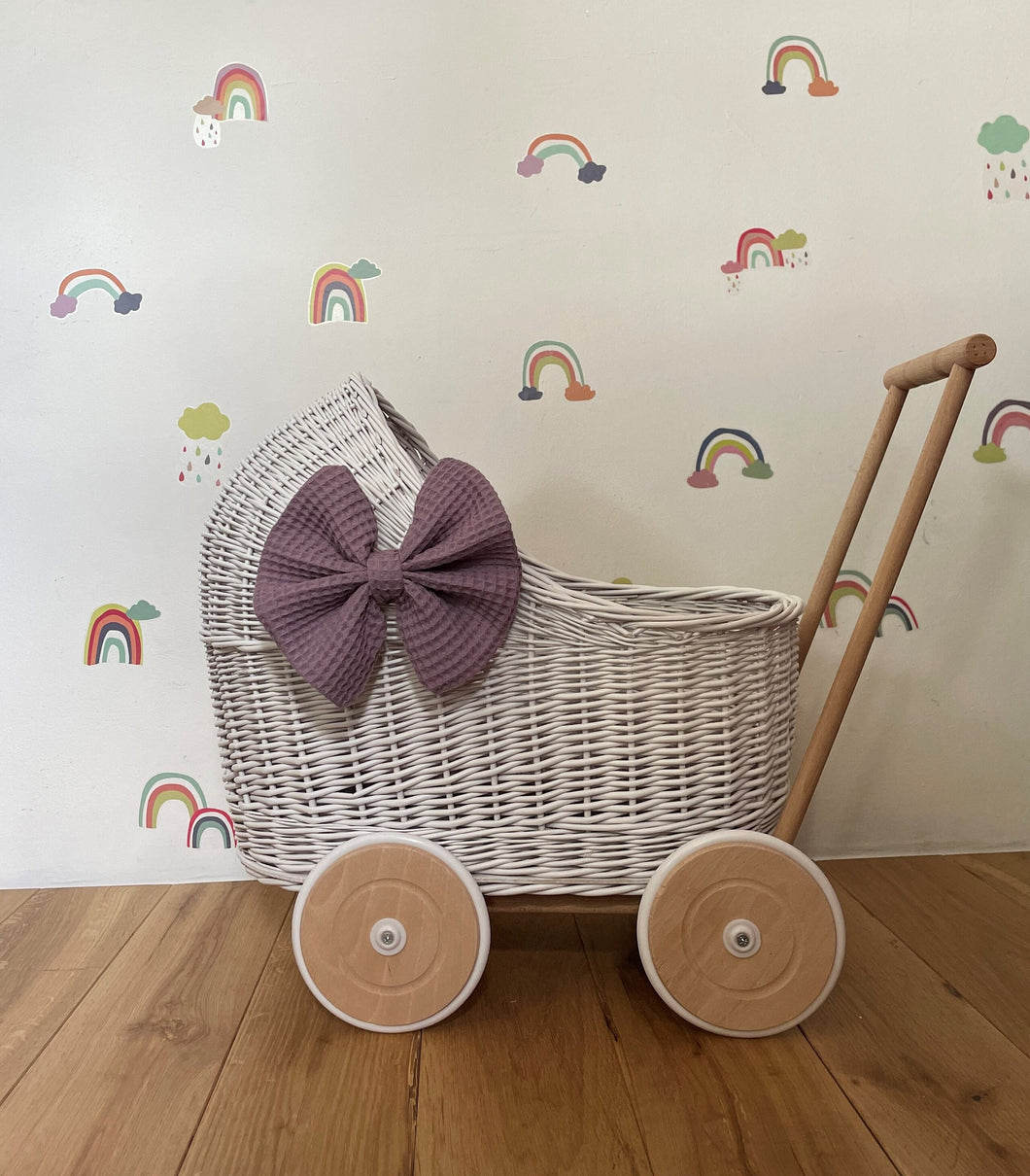LUXURY wicker pram with bow and bedding included, doll pram, wicker pram, baby doll pram, wooden pram