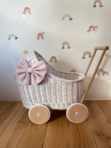 LUXURY wicker pram with  bow and bedding included, doll pram, wicker pram, baby doll pram, wooden pram, WHITE