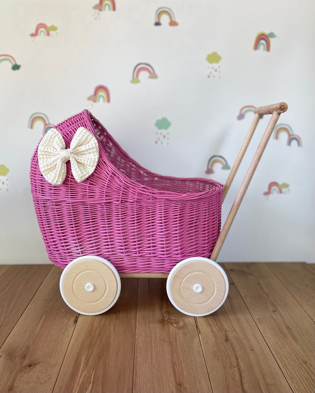 LUXURY dark pink wicker pram with cream bow and matching bedding included, wicker doll pram UK, pram toy, wooden pram, 1st birthday