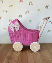 Load image into Gallery viewer, LUXURY dark pink wicker pram with light pink bow and matching bedding included, wicker doll pram UK, pram toy, wooden pram, 1st birthday
