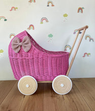 Load image into Gallery viewer, LUXURY dark pink wicker pram with purple bow and matching bedding included, wicker doll pram UK, pram toy, wooden pram, 1st birthday
