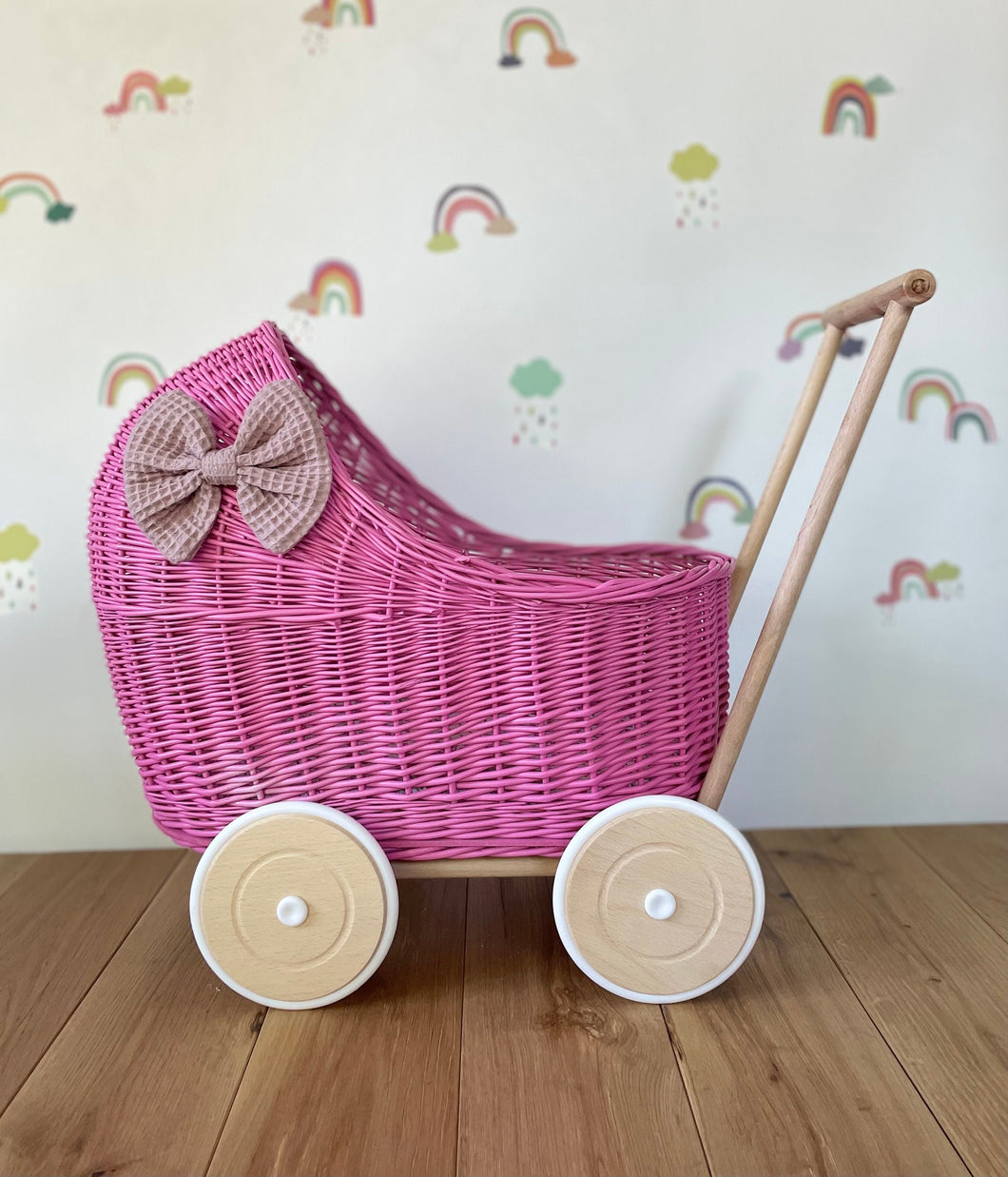 LUXURY dark pink wicker pram with purple bow and matching bedding included, wicker doll pram UK, pram toy, wooden pram, 1st birthday