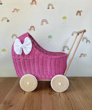 Load image into Gallery viewer, LUXURY dark pink wicker pram with white bow and matching bedding included, wicker doll pram UK, pram toy, wooden pram, 1st birthday
