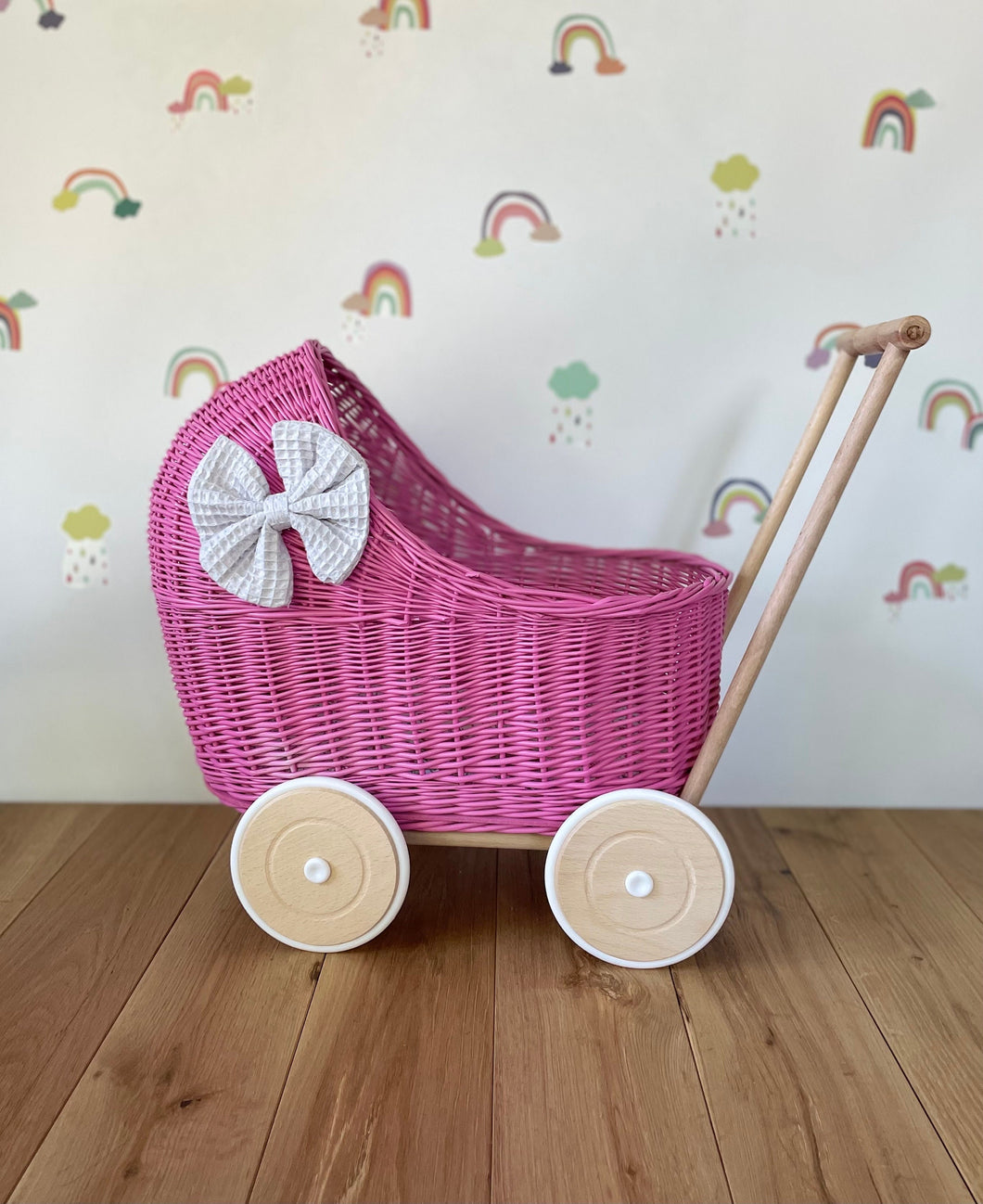 LUXURY dark pink wicker pram with light grey bow and matching bedding included, wicker doll pram UK, pram toy, wooden pram, 1st birthday