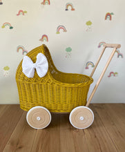 Load image into Gallery viewer, LUXURY mustard wicker pram with white bow and matching bedding included, wicker doll pram UK, pram toy, wooden pram, 1st birthday
