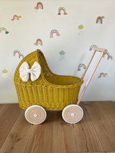 Load image into Gallery viewer, LUXURY mustard wicker pram with cream bow and matching bedding included, wicker doll pram UK, pram toy, wooden pram, 1st birthday
