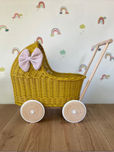 Load image into Gallery viewer, LUXURY mustard wicker pram with light pink bow and matching bedding included, wicker doll pram UK, pram toy, wooden pram, 1st birthday

