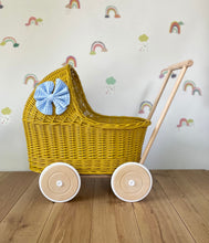 Load image into Gallery viewer, LUXURY mustard wicker pram with blue bow and matching bedding included, wicker doll pram UK, pram toy, wooden pram, 1st birthday
