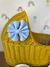 Load image into Gallery viewer, LUXURY mustard wicker pram with blue bow and matching bedding included, wicker doll pram UK, pram toy, wooden pram, 1st birthday
