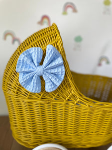 LUXURY mustard wicker pram with blue bow and matching bedding included, wicker doll pram UK, pram toy, wooden pram, 1st birthday