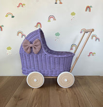 Load image into Gallery viewer, LUXURY lilac wicker pram with purple bow and matching bedding included, wicker doll pram UK, pram toy, wooden pram, 1st birthday
