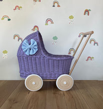 Load image into Gallery viewer, LUXURY lilac wicker pram with blue bow and matching bedding included, wicker doll pram UK, pram toy, wooden pram, 1st birthday
