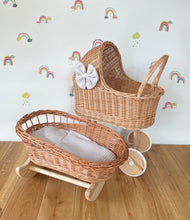 Load image into Gallery viewer, Luxury set of wicker doll pram and crib with bow, matching bedding and name tag included. Wicker pram and cot, natural
