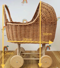 Load image into Gallery viewer, Luxury set of wicker doll pram and crib with bow, matching bedding and name tag included. Wicker pram and cot, natural
