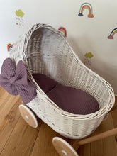 Load image into Gallery viewer, LUXURY wicker pram with bow and bedding included, doll pram, wicker pram, baby doll pram, wooden pram
