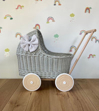 Load image into Gallery viewer, LUXURY light grey wicker pram with light grey bow and matching bedding included, wicker doll pram UK, pram toy, wooden pram, 1st birthday
