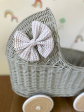 Load image into Gallery viewer, LUXURY light grey wicker pram with light grey bow and matching bedding included, wicker doll pram UK, pram toy, wooden pram, 1st birthday
