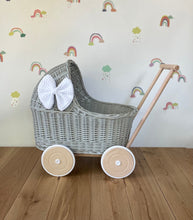 Load image into Gallery viewer, LUXURY light grey wicker pram with white bow and matching bedding included, wicker doll pram UK, pram toy, wooden pram, 1st birthday

