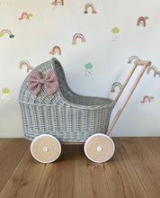 Load image into Gallery viewer, LUXURY light grey wicker pram with purple bow and matching bedding included, wicker doll pram UK, pram toy, wooden pram, 1st birthday
