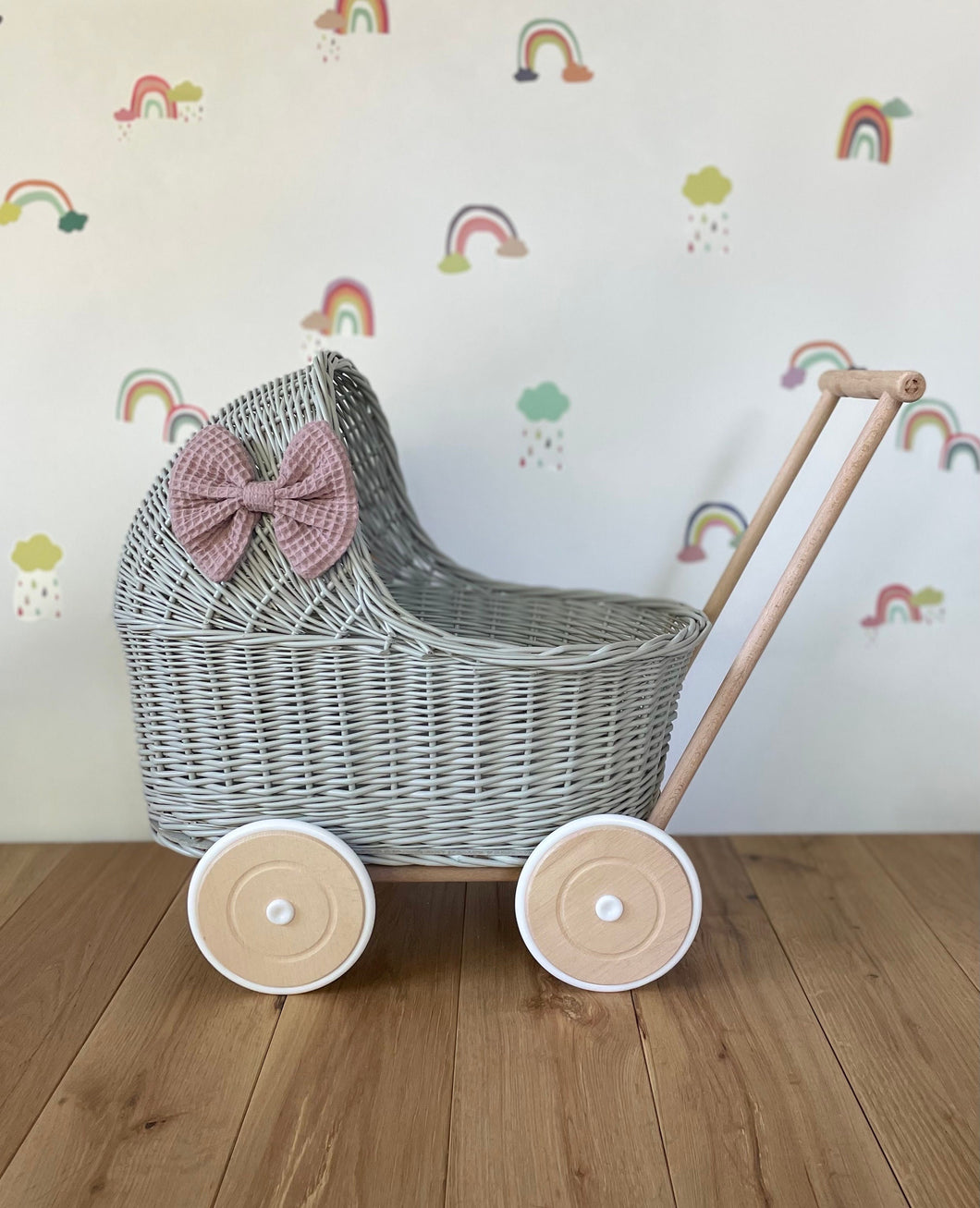 LUXURY light grey wicker pram with purple bow and matching bedding included, wicker doll pram UK, pram toy, wooden pram, 1st birthday