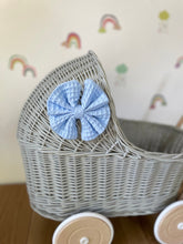 Load image into Gallery viewer, LUXURY light grey wicker pram with blue bow and matching bedding included, wicker doll pram UK, pram toy, wooden pram, 1st birthday
