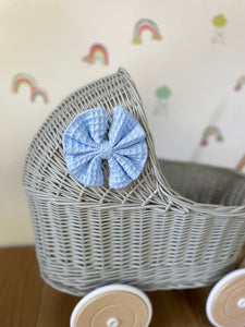 LUXURY light grey wicker pram with blue bow and matching bedding included, wicker doll pram UK, pram toy, wooden pram, 1st birthday