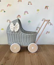 Load image into Gallery viewer, LUXURY light grey wicker pram with cream bow and matching bedding included, wicker doll pram UK, pram toy, wooden pram, 1st birthday
