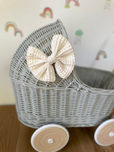 Load image into Gallery viewer, LUXURY light grey wicker pram with cream bow and matching bedding included, wicker doll pram UK, pram toy, wooden pram, 1st birthday
